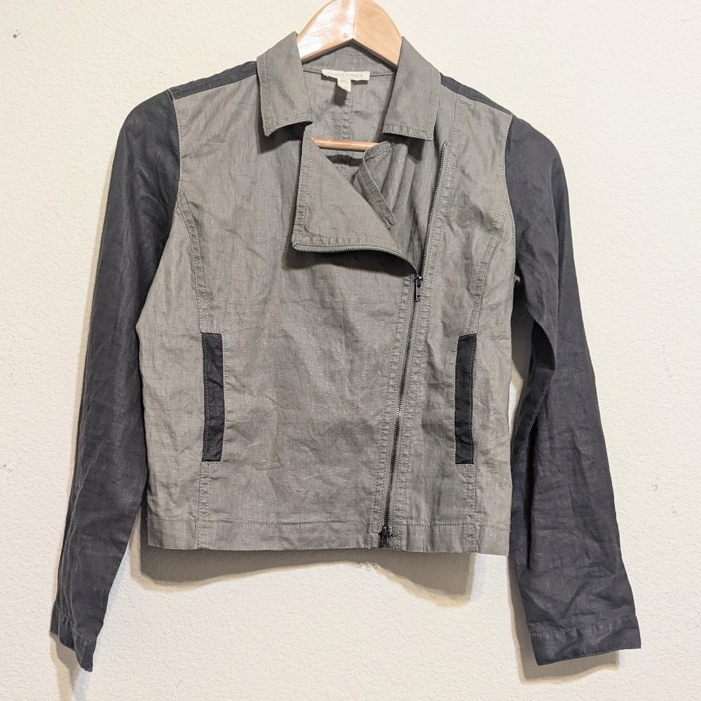 Eileen Fisher Stone Two Tone Jacket Asymmetrical Organic Linen brown-tan Size PP - Picture 2 of 6